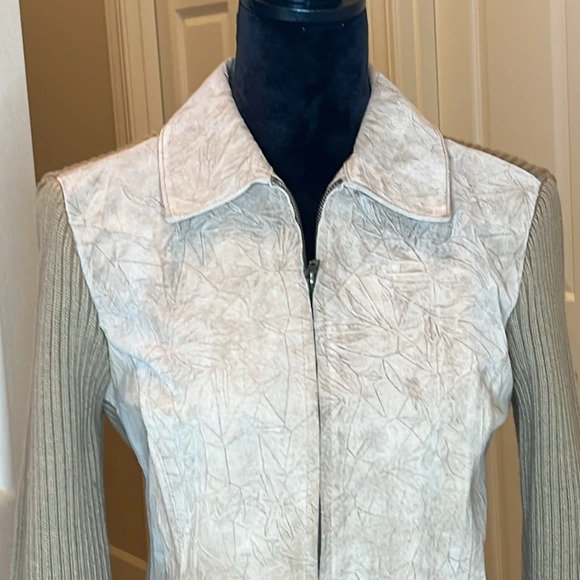 Coldwater Creek‎ Tan Suede Leather Sweater Cable Knit Zip Up Jacket Size S - Picture 2 of 8